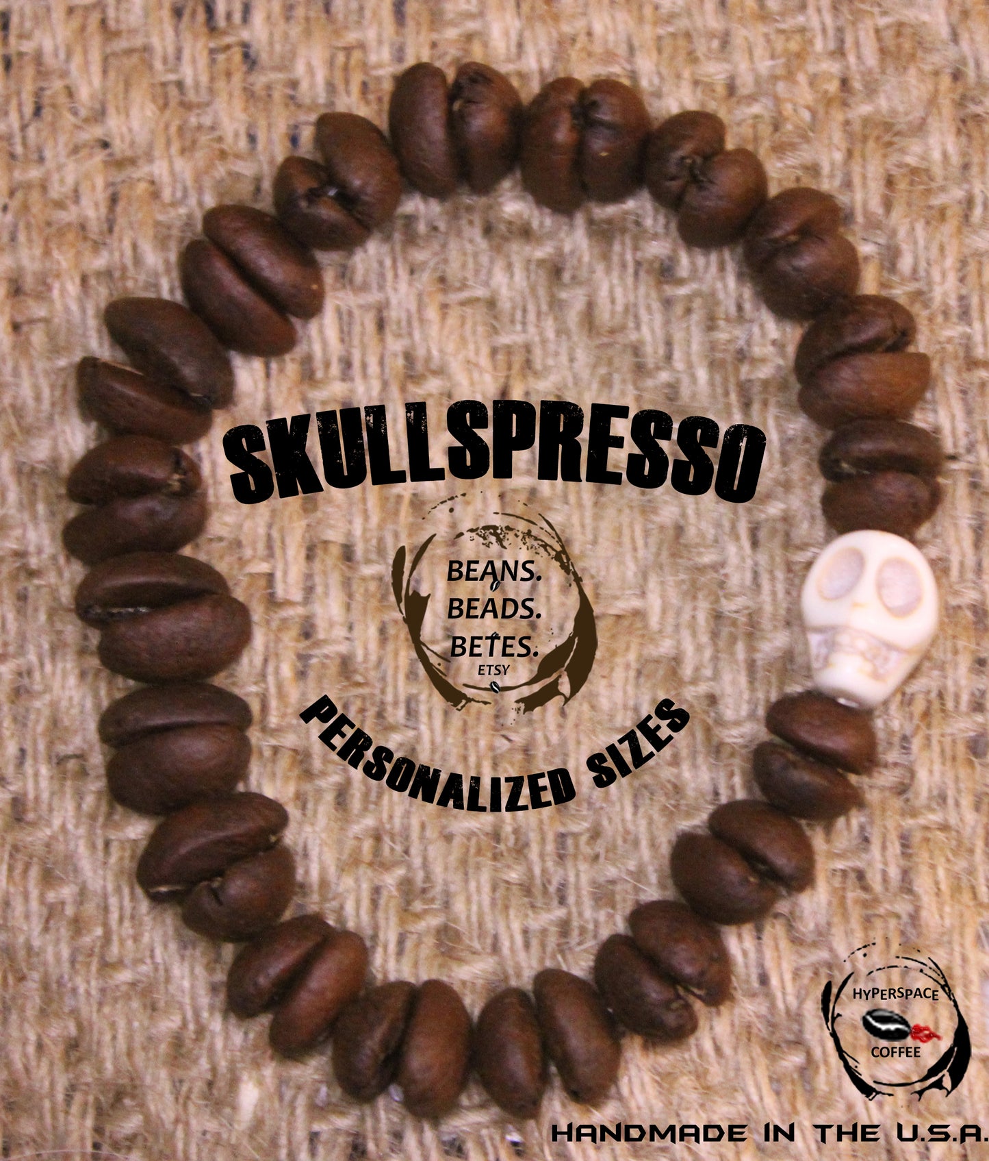Solo Skullspresso! Coffee Skull Bracelet - Real Coffee Beans Bracelet - Shipping Included in Price