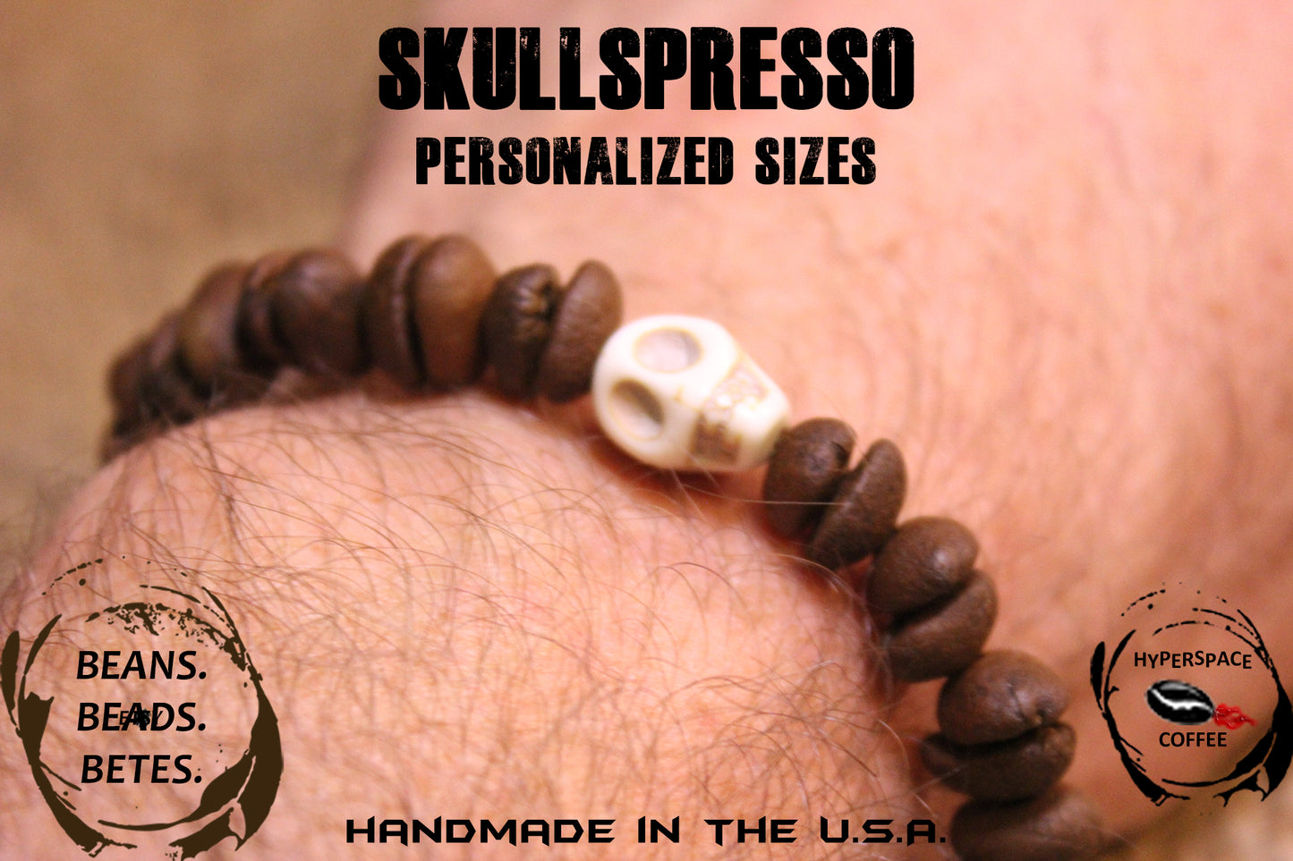 Solo Skullspresso! Coffee Skull Bracelet - Real Coffee Beans Bracelet - Shipping Included in Price