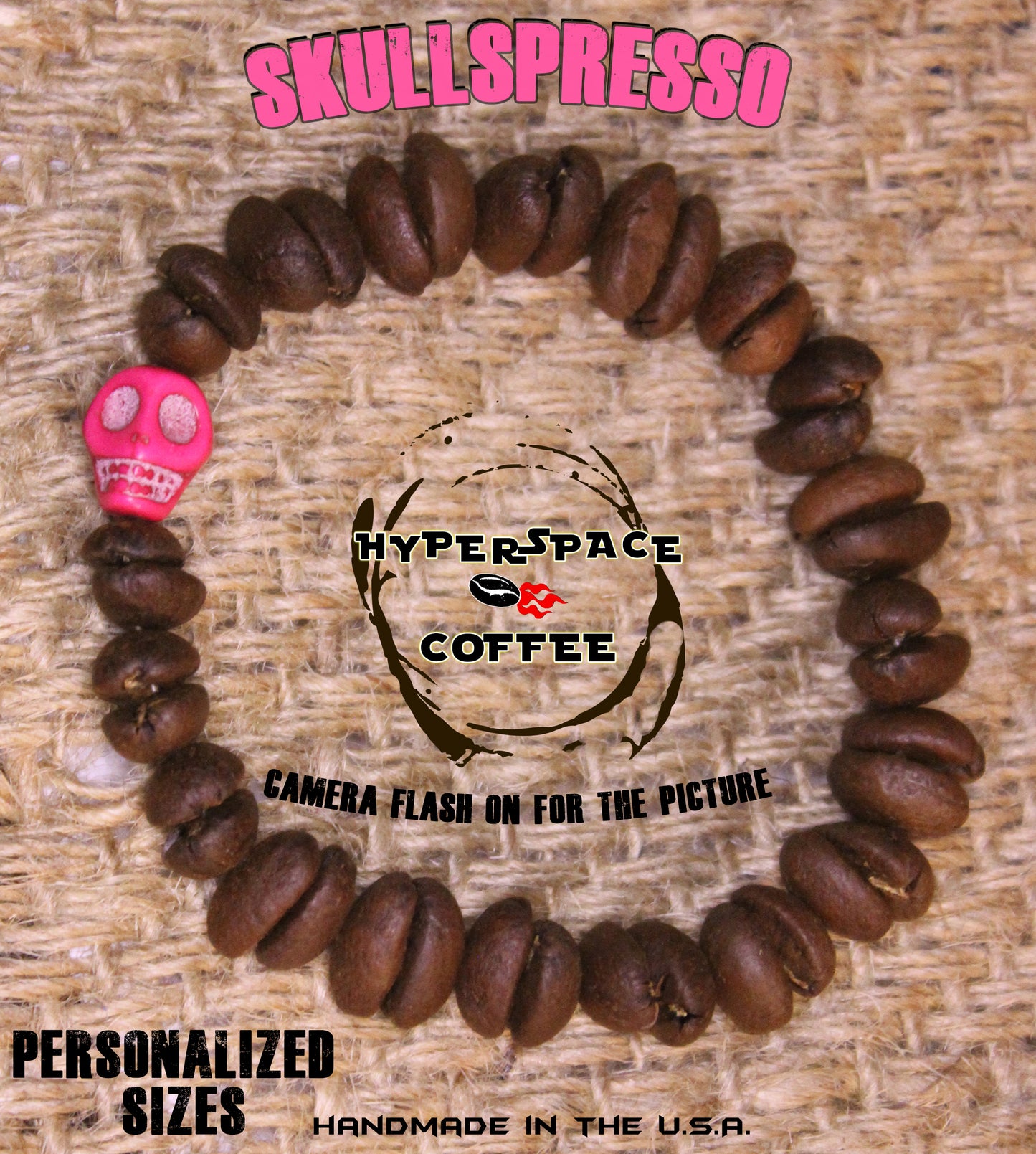SKULLSPRESSO! Pink Skull Bead & Real Coffee Bean Beads Bracelet!