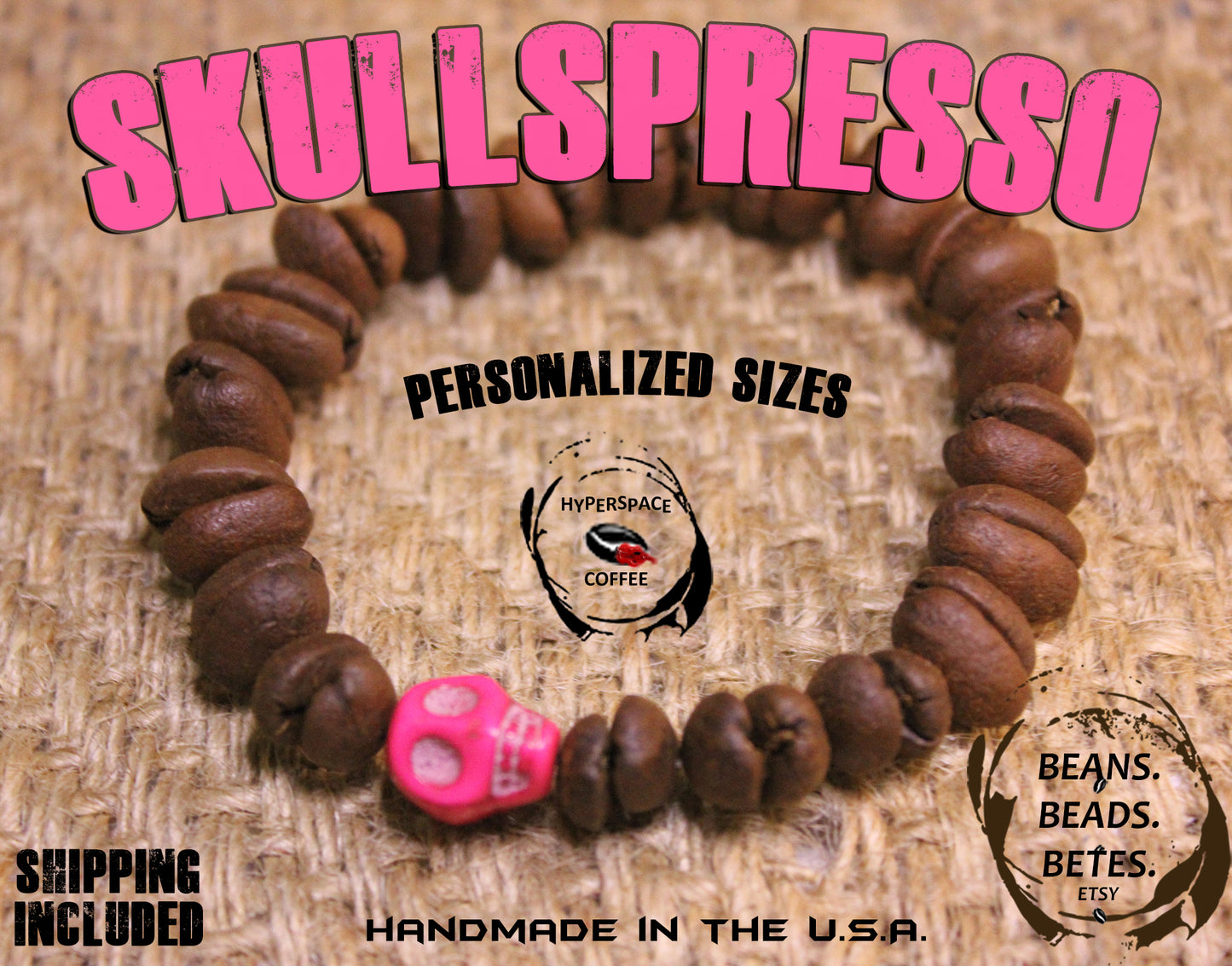 SKULLSPRESSO! Pink Skull Bead & Real Coffee Bean Beads Bracelet!