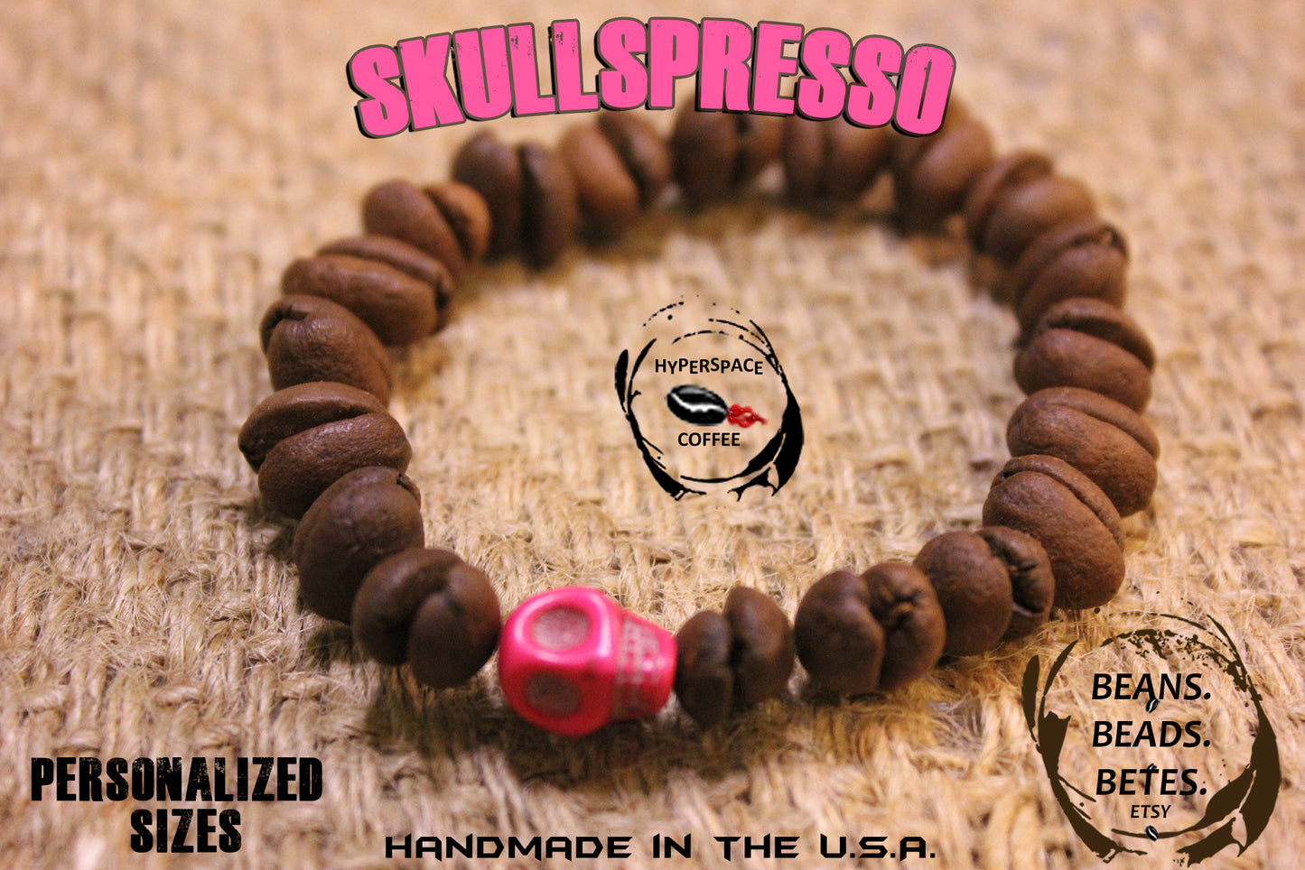 SKULLSPRESSO! Pink Skull Bead & Real Coffee Bean Beads Bracelet!