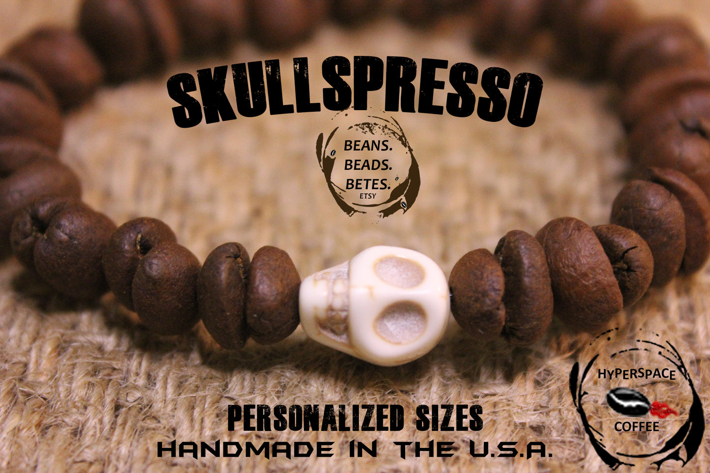Solo Skullspresso! Coffee Skull Bracelet - Real Coffee Beans Bracelet - Shipping Included in Price