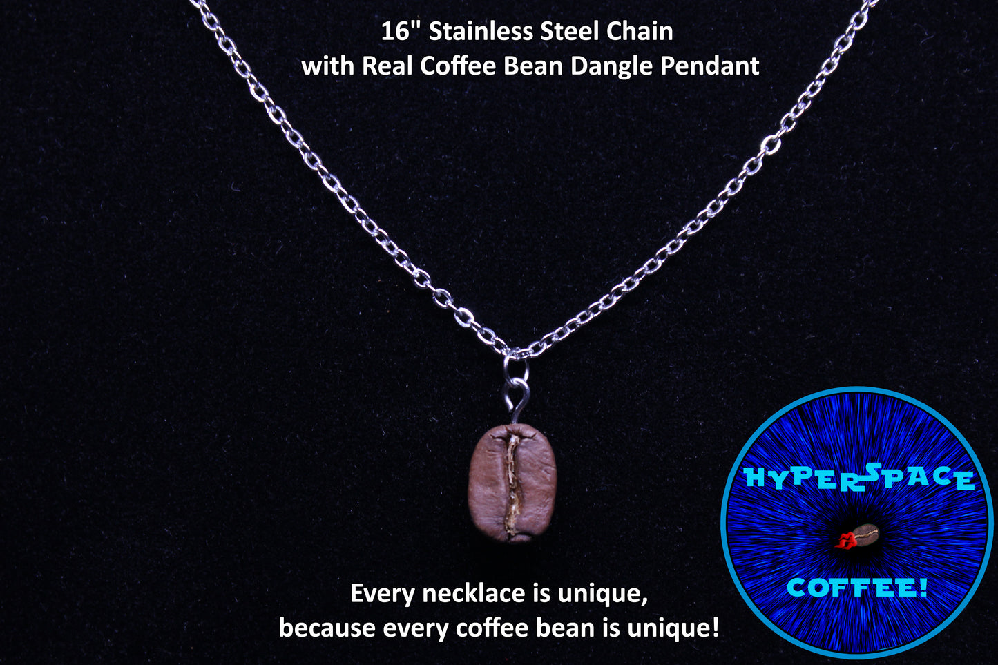 Coffee Bean Necklace! 16" Inch Stainless Steel Chain with Real Coffee Bean Charm/Pendant