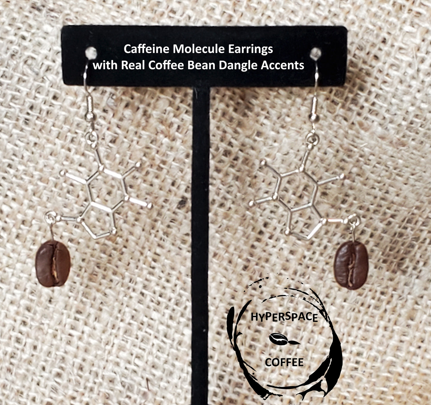Caffeine Molecule Earrings with Real Coffee Bean Dangle Accents - Coffee and Science Gift, Coffee Earrings