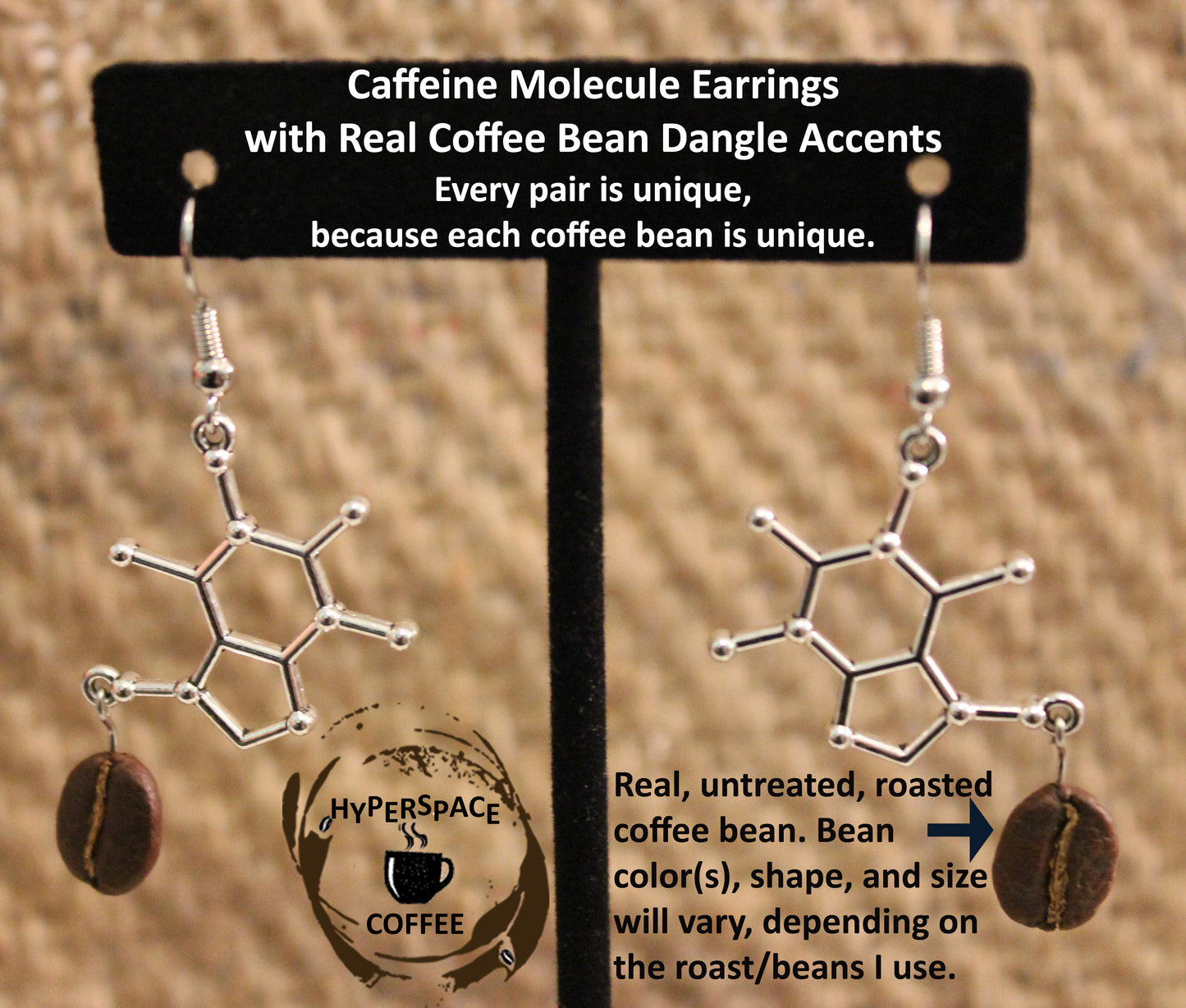 Caffeine Molecule Earrings with Real Coffee Bean Dangle Accents - Coffee and Science Gift, Coffee Earrings