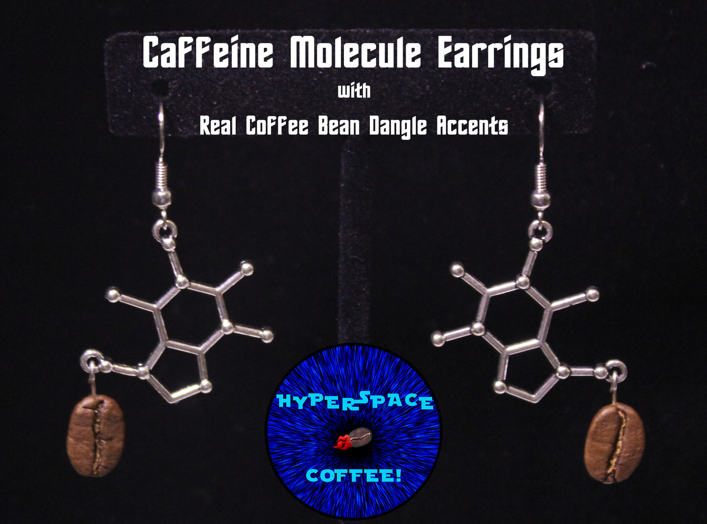 Caffeine Molecule Earrings with Real Coffee Bean Dangle Accents - Coffee and Science Gift, Coffee Earrings