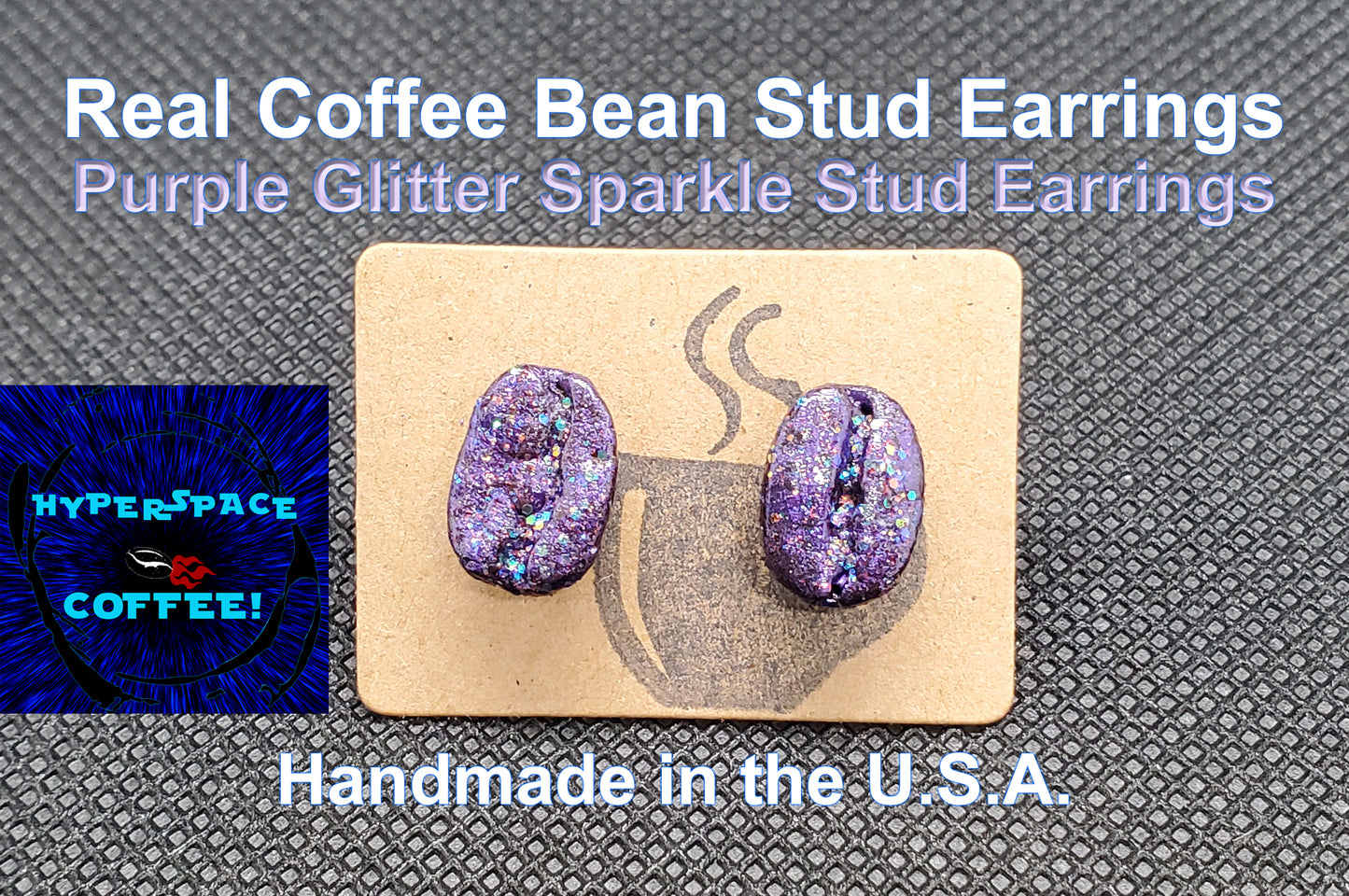 Purple Stud Coffee Bean Earrings with Glitter Sparkles! Handmade in the U.S.A.