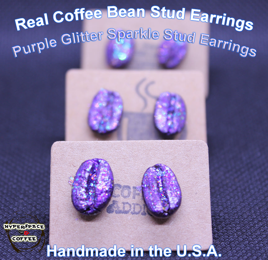 Purple Stud Coffee Bean Earrings with Glitter Sparkles! Handmade in the U.S.A.