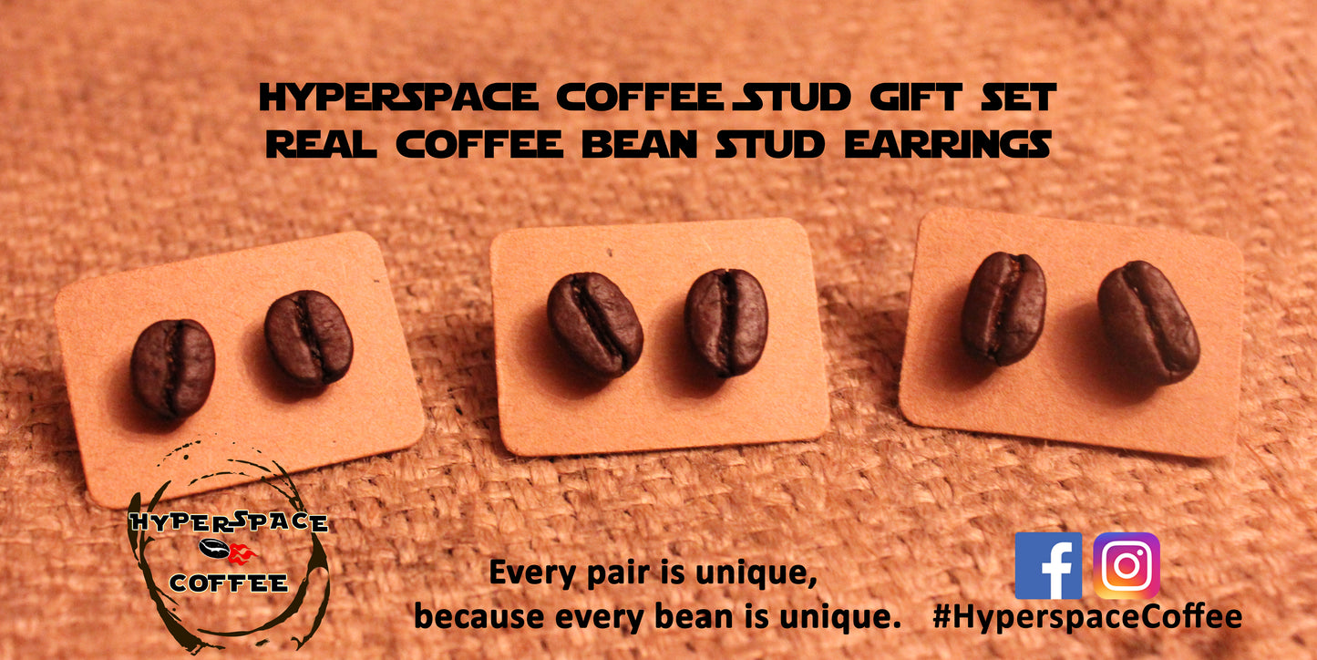 Hyperspace Coffee Stud Earring Set - BUNDLE & SAVE - Triple Shot Coffee Stud Set - Real Coffee Bean Stud Earrings Gift Set