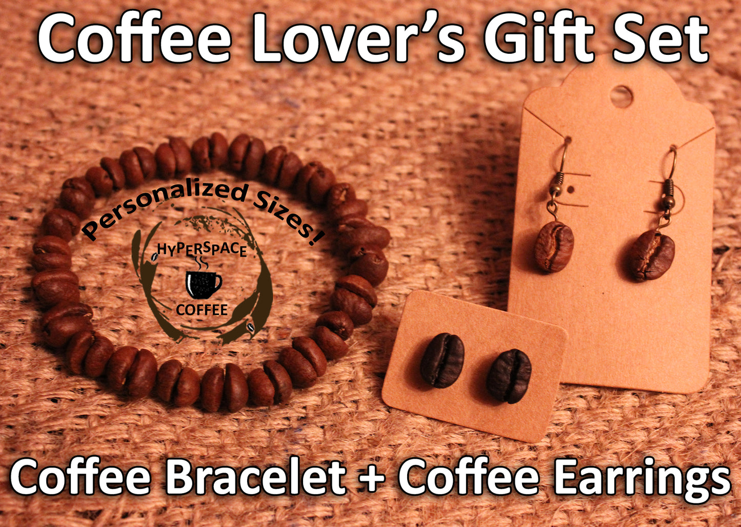 Coffee Lover's Gift Set! Real Coffee Beans Bracelet, Real Coffee Bean Stud Earrings, and Real Coffee Bean Dangle Earrings