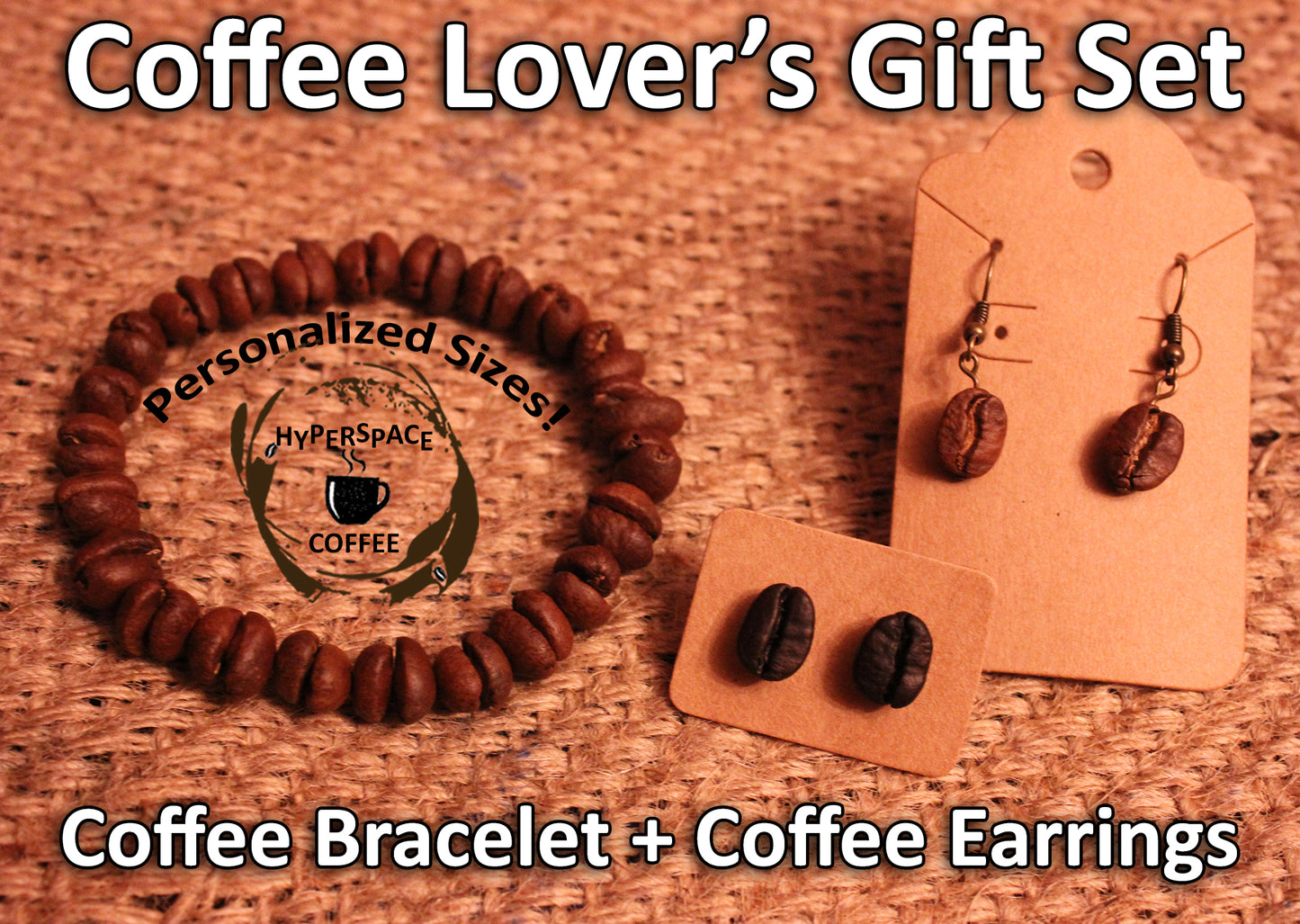 Coffee Lover's Gift Set! Real Coffee Beans Bracelet, Real Coffee Bean Stud Earrings, and Real Coffee Bean Dangle Earrings