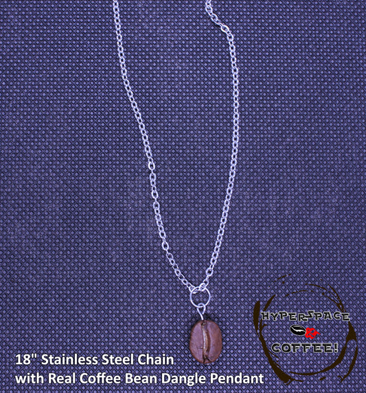 Real Coffee Bean Necklace - 18" Stainless Steel Chain Solo Real Coffee Bean Dangle Pendant Necklace - Handmade - Shipping Included