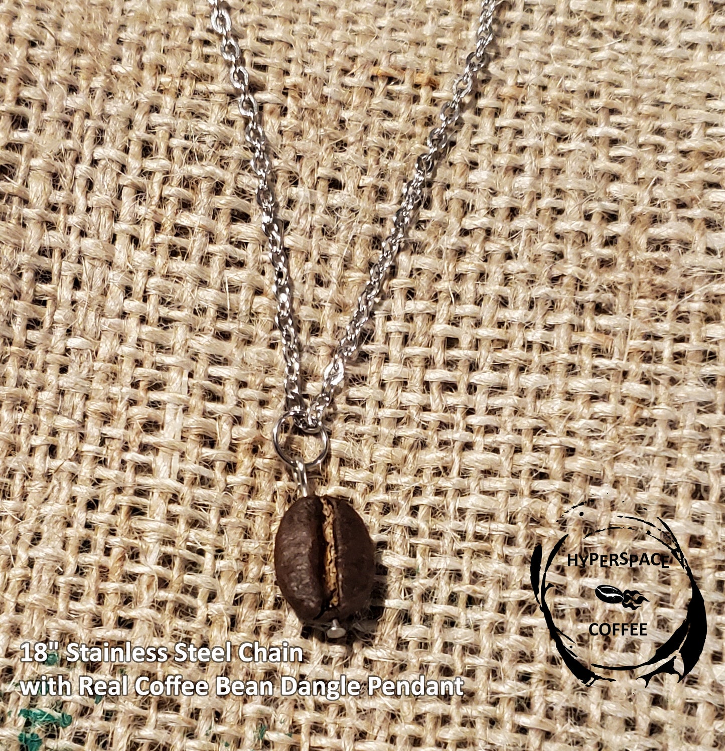 Real Coffee Bean Necklace - 18" Stainless Steel Chain Solo Real Coffee Bean Dangle Pendant Necklace - Handmade - Shipping Included