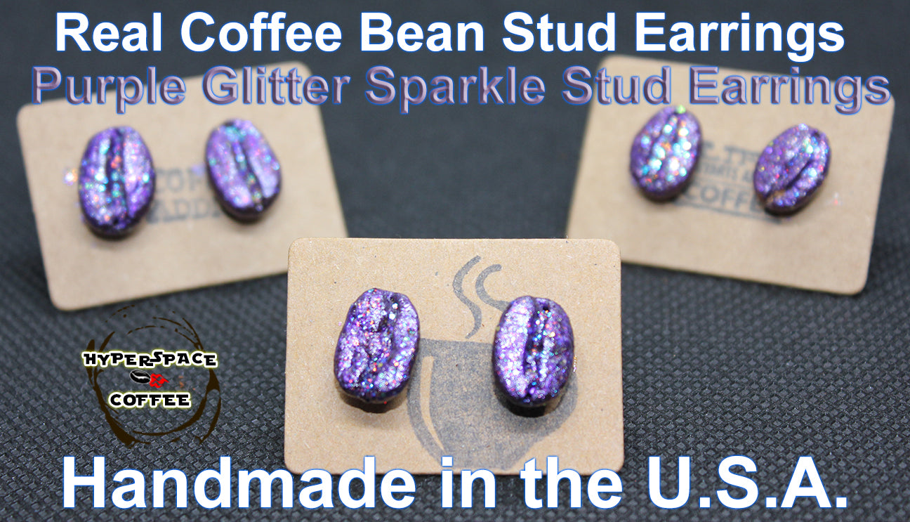 Purple Stud Coffee Bean Earrings with Glitter Sparkles! Handmade in the U.S.A.