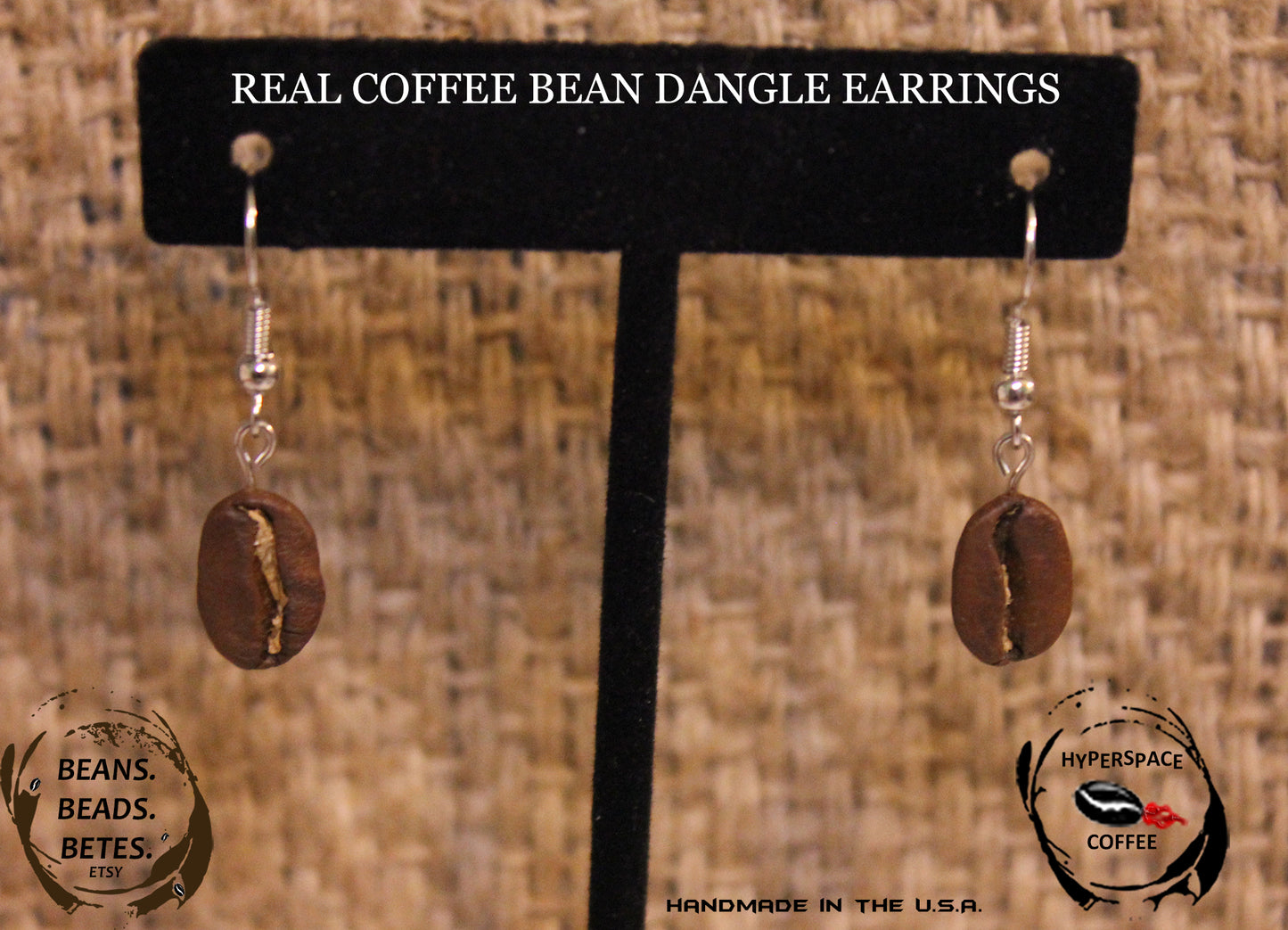 Real Coffee Bean Dangle Earrings - Silver Color Hooks