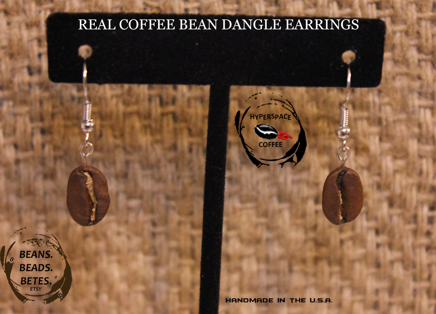 Real Coffee Bean Dangle Earrings - Silver Color Hooks
