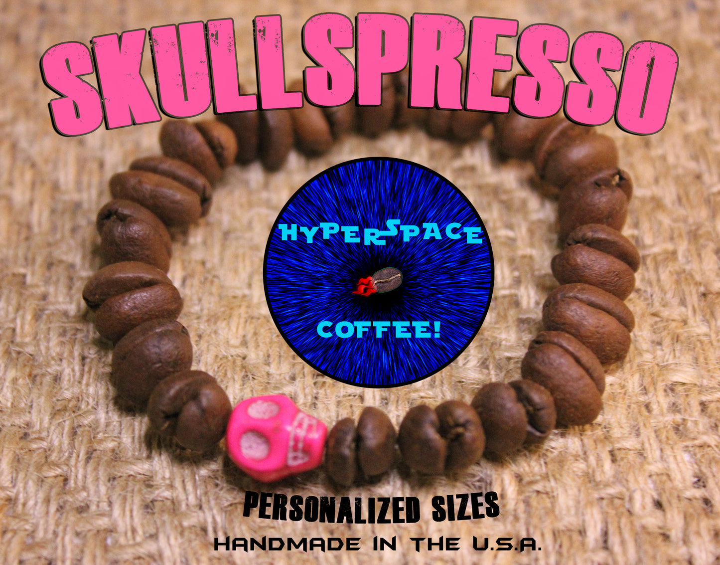 SKULLSPRESSO! Pink Skull Bead & Real Coffee Bean Beads Bracelet!