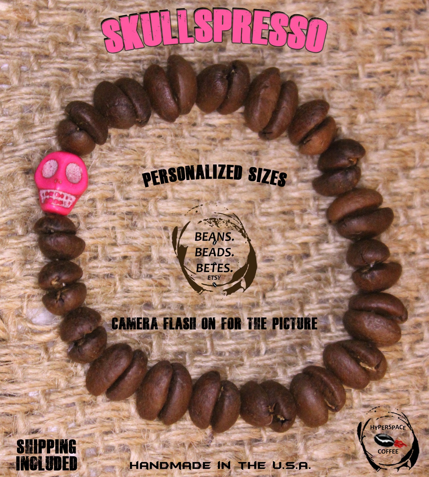 SKULLSPRESSO! Pink Skull Bead & Real Coffee Bean Beads Bracelet!