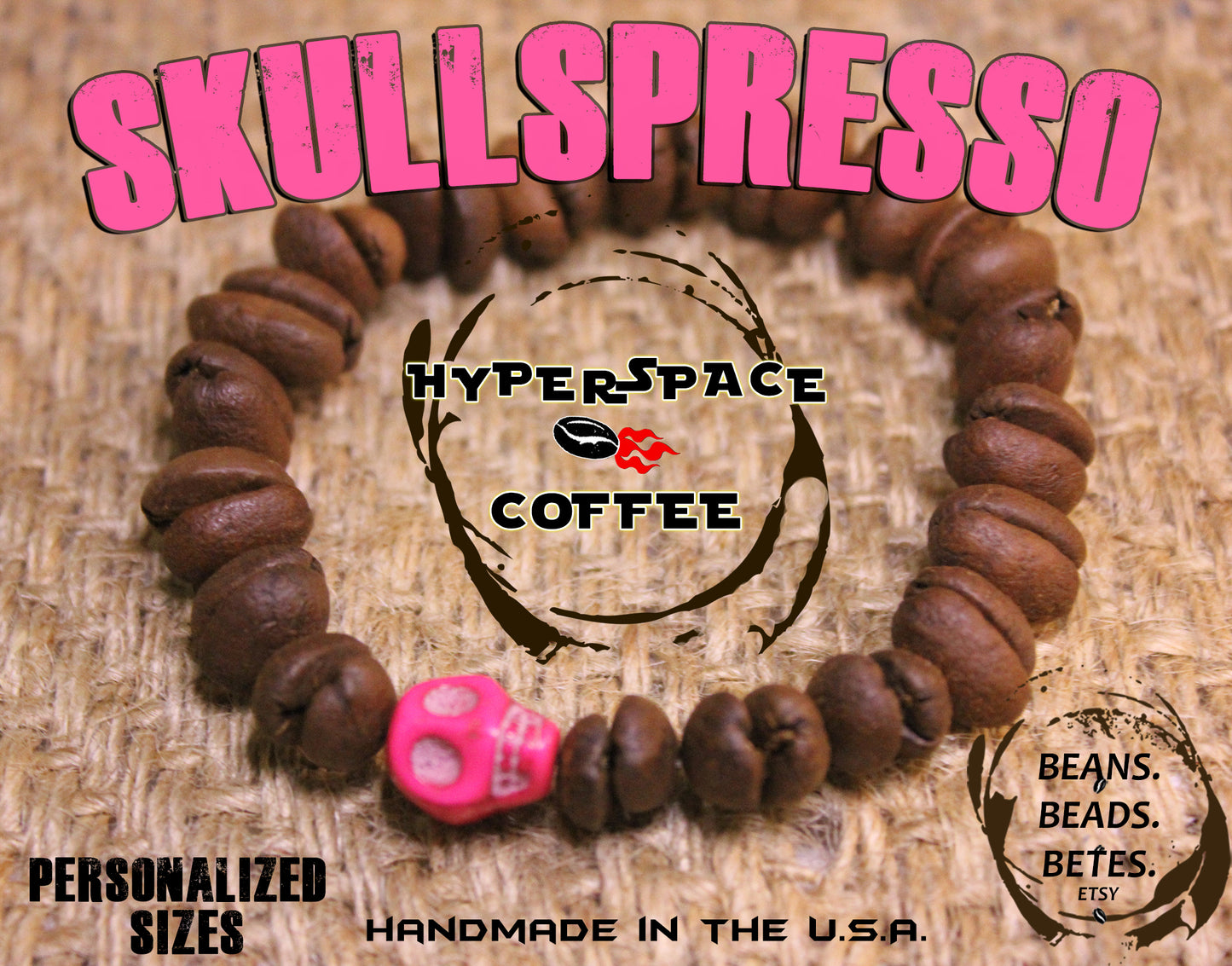 SKULLSPRESSO! Pink Skull Bead & Real Coffee Bean Beads Bracelet!