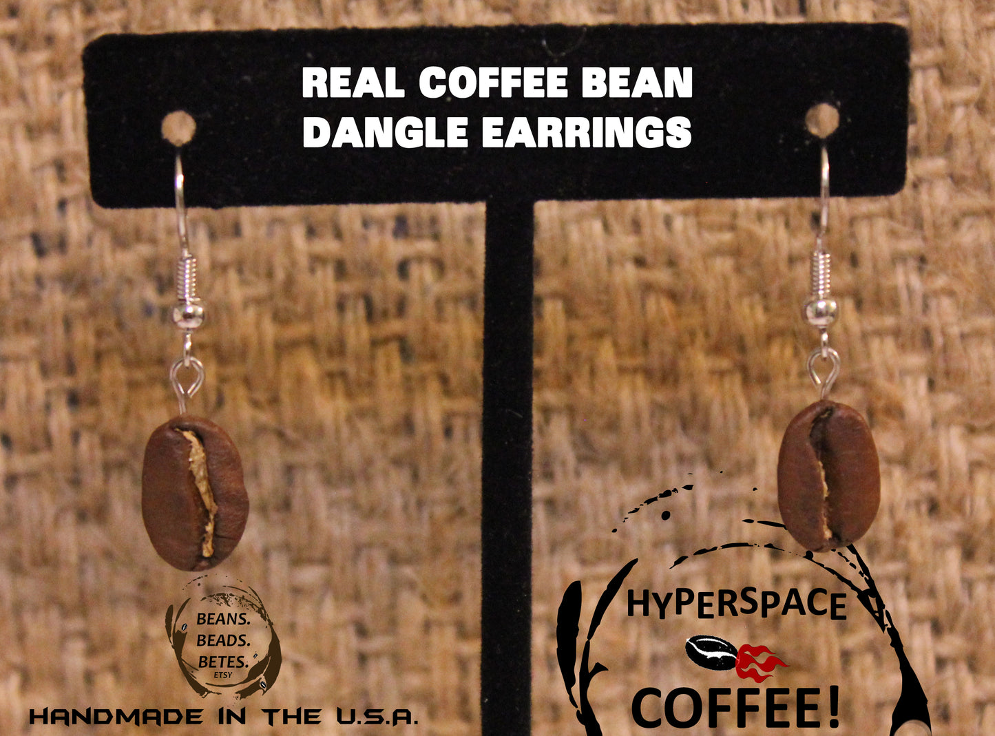 Real Coffee Bean Dangle Earrings - Silver Color Hooks