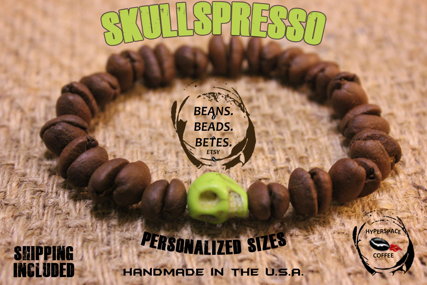 SKULLSPRESSO! Green Skull Bead & Real Coffee Beans Bracelet, coffee gift, coffee gift for him, coffee gift for her, Handmade, Shipping Incl