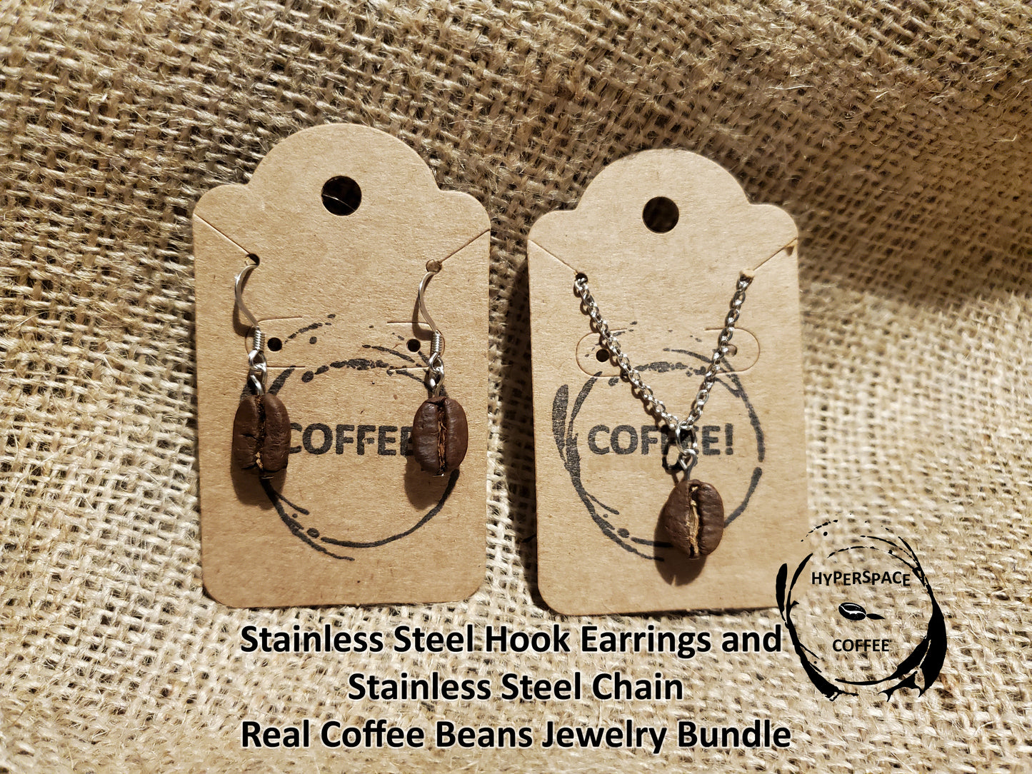 Hyperspace Coffee Bundle - Stainless Steel Hooks Coffee Bean Dangle Earrings and Stainless Steel Chain with Real Coffee Bean Dangle Pendant